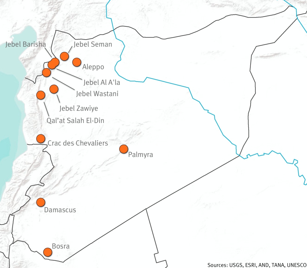 A legfontosabb régészeti és történelmi helyek Szíriában. Palmüra a térképen. 