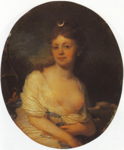 Vlagyimir Borovikovszkij: Jelizaveta Grigorjevna Tyomkina portréja Diana képében (Wikipedia)