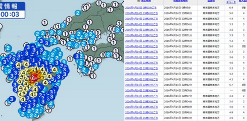 A földrengés ereje Kjúsú szigetén. Itt található Kumamoto prefektúra.
